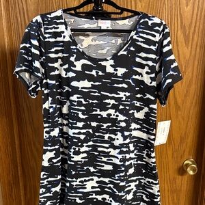 LuLaRoe Women's Short Sleeve Top - Black, White & Blue Accents
